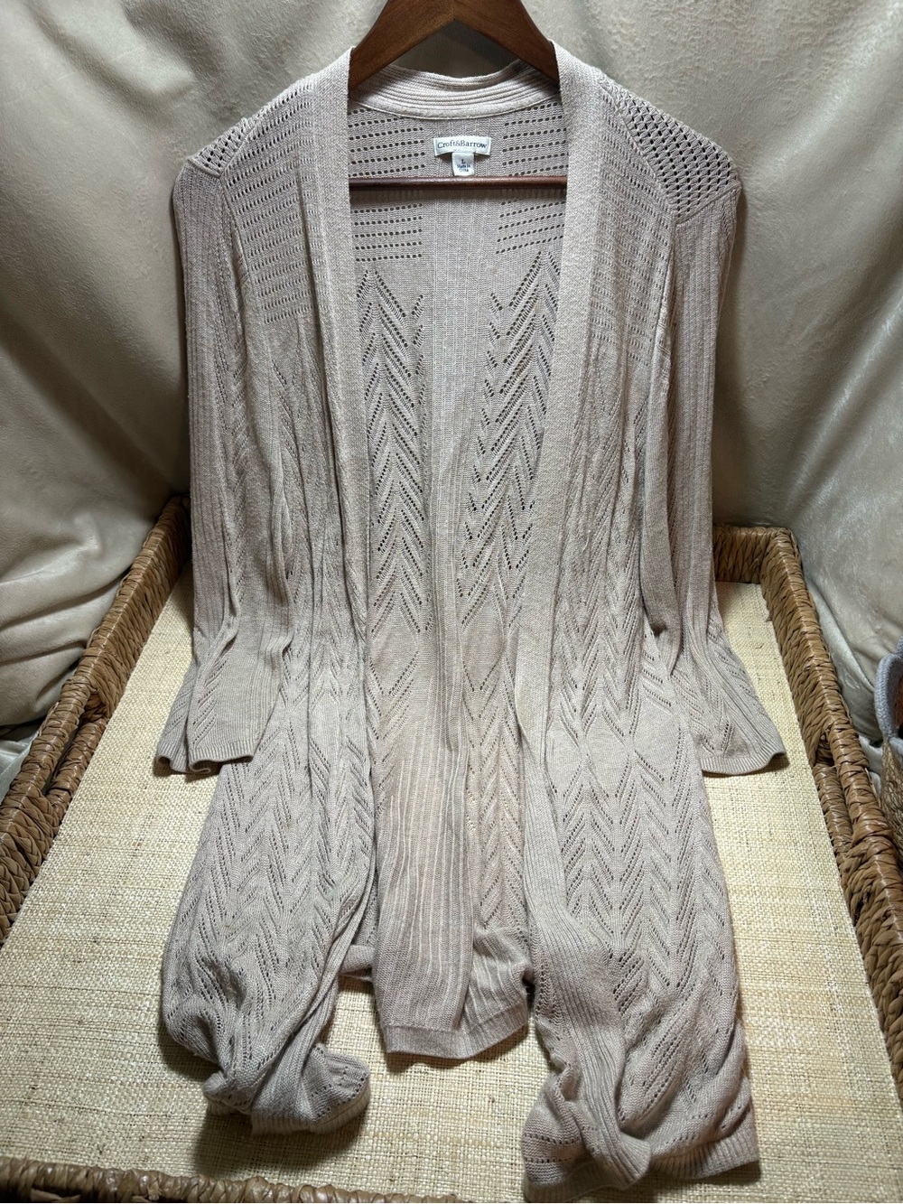 Croft & Barrow Beige Pointelle Open Front Long Cardigan Size L Flawed